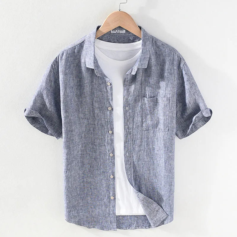 Men's square collar short sleeve linen shirt in raw jute colour on a hanger
