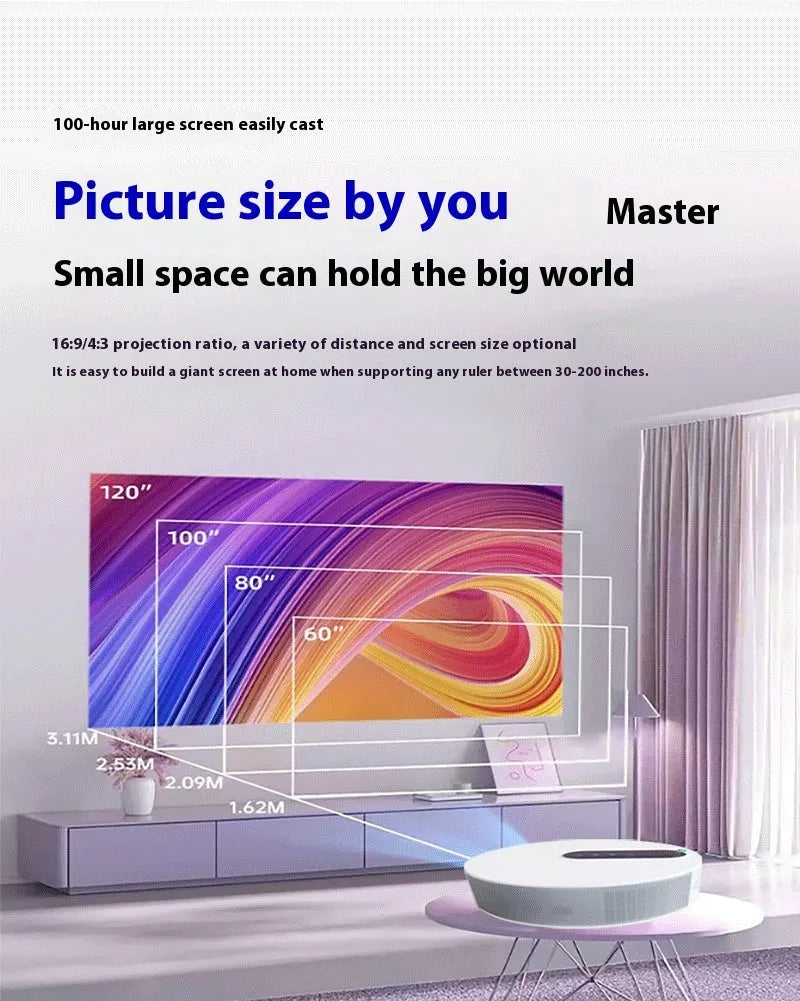 White 720p HD smart home projector with remote control on a wooden surface.