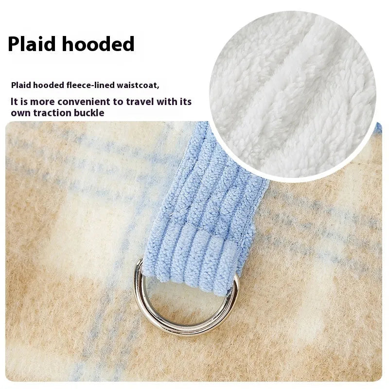 Blue corduroy dog hooded vest with chessboard grid pattern and reflective strips