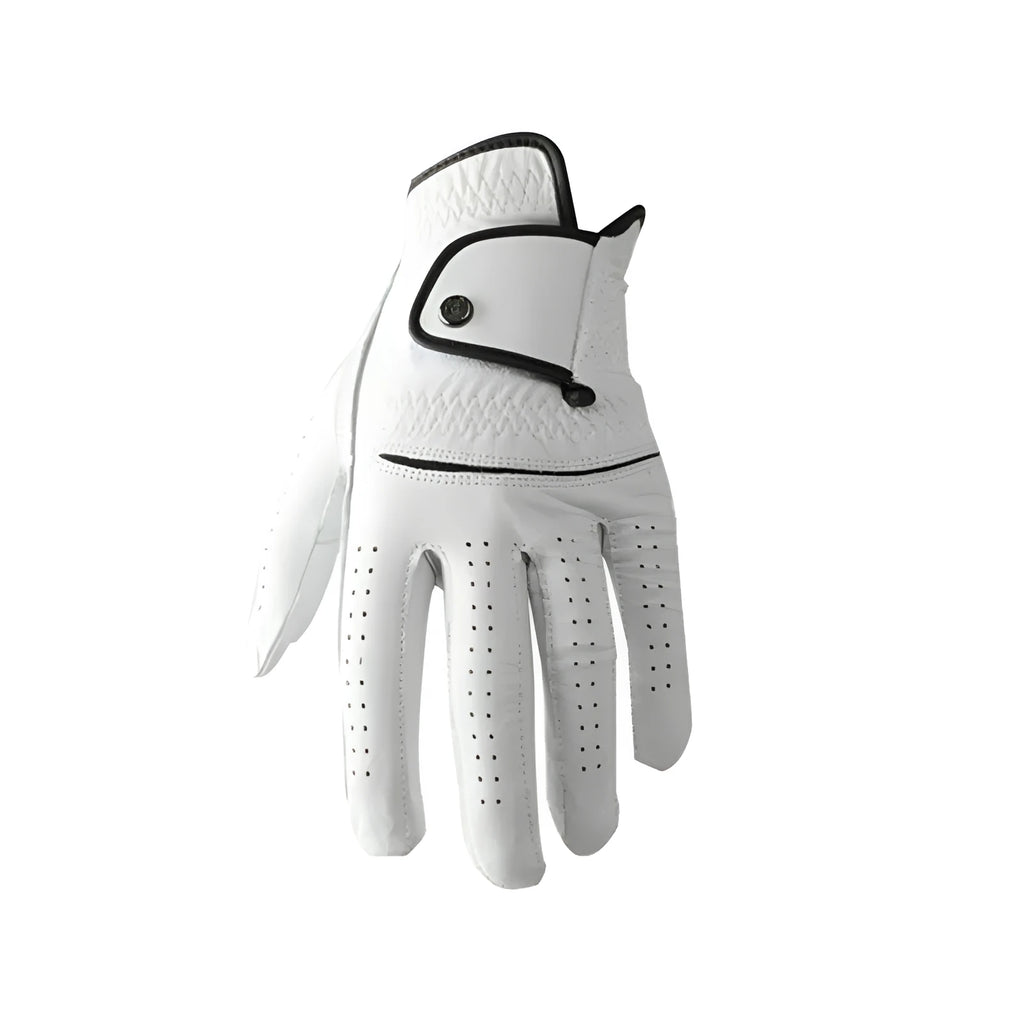 White half sheepskin golf glove showing palm non-slip texture and finger construction