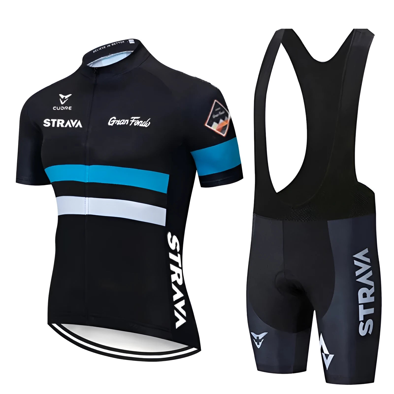 Summer mens cycling jersey and bib shorts set in short suit colour, polyester lycra fabric, side view on bike