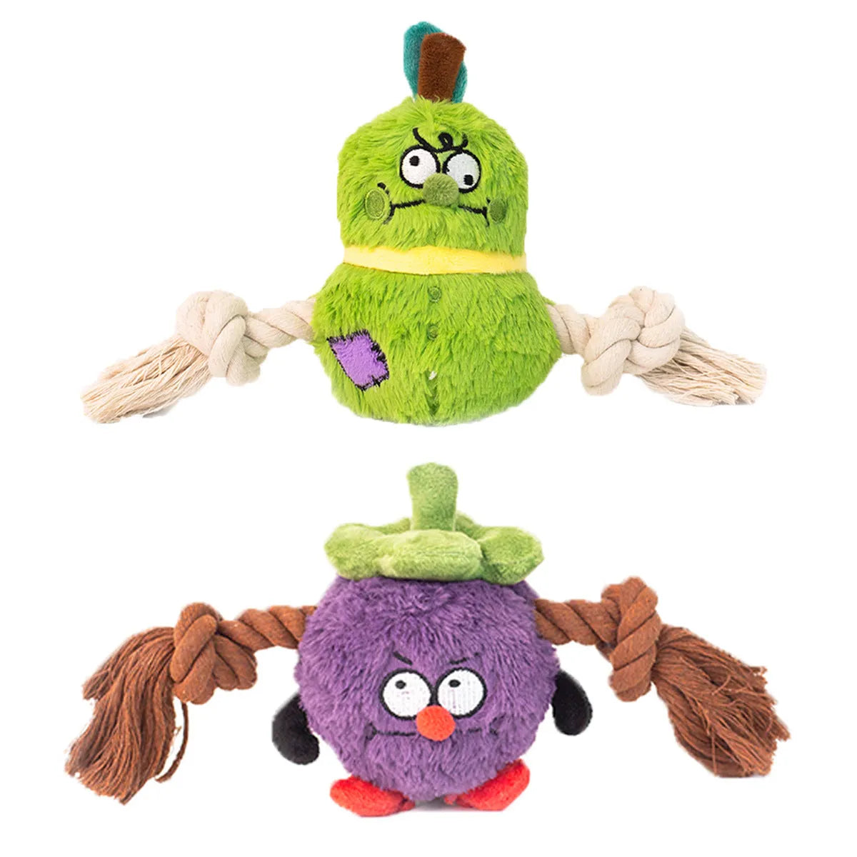 Green and purple interactive dog toy with cotton rope knots and a soft plush centre.