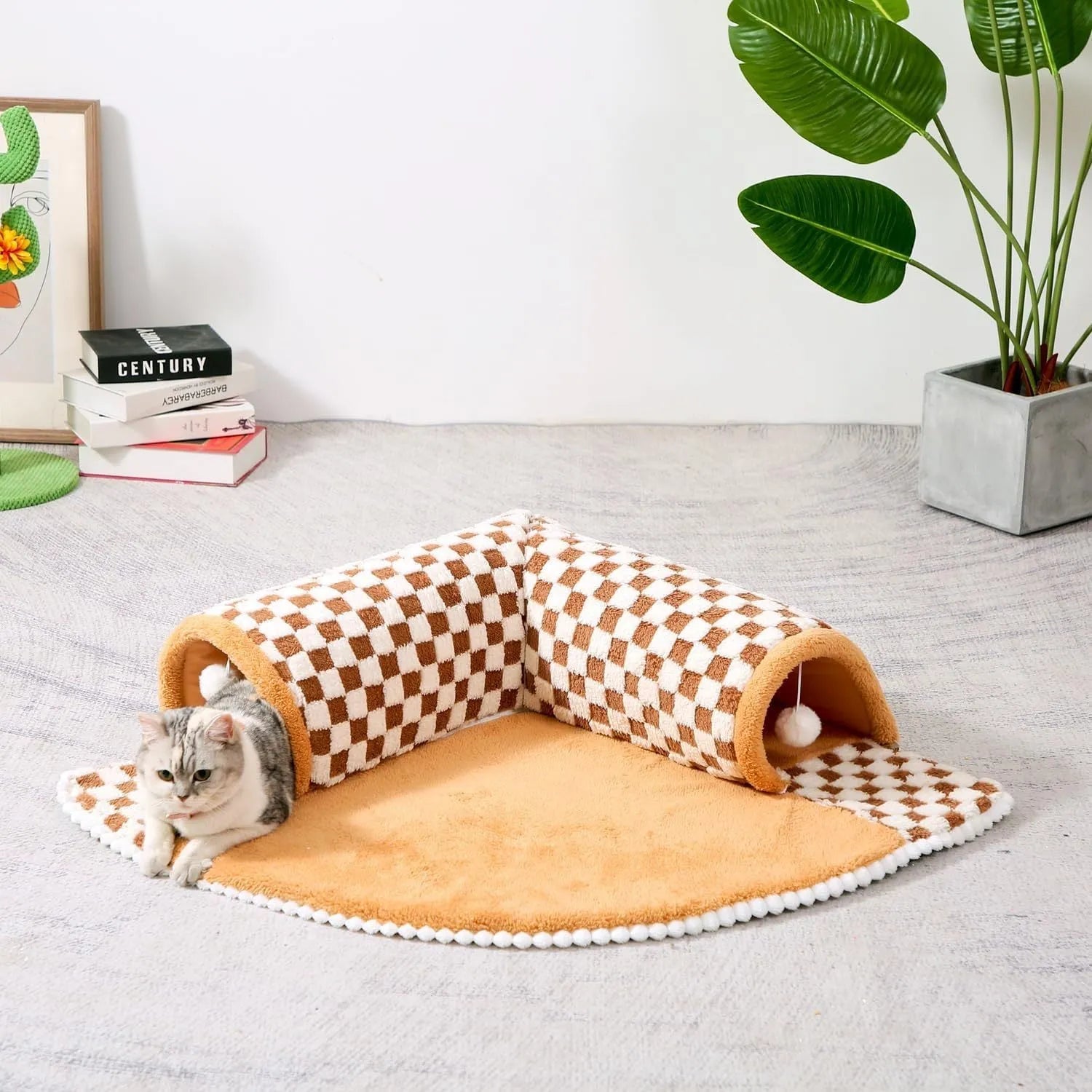Large XL fan-shaped plush pet bed with integrated play tunnel in coffee colour, showing anti-slip base.