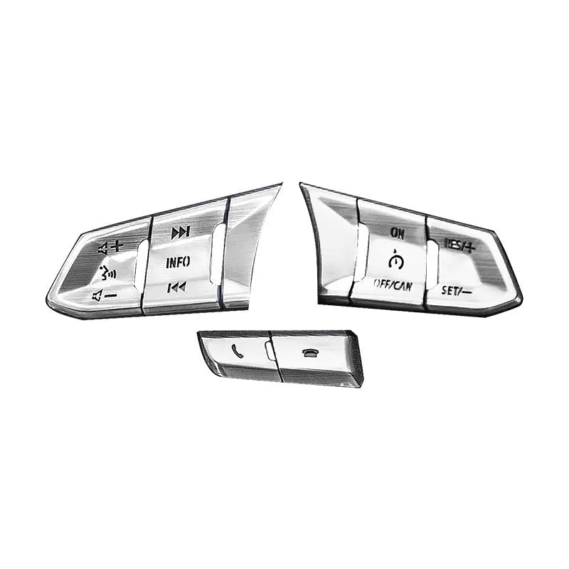 Aluminium alloy decorative stickers for car steering wheel buttons in brushed red, silver, and blue colours