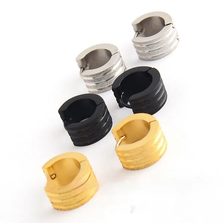 Geometric three-line frosted titanium steel earrings in black, gold, or steel colour on a white background.