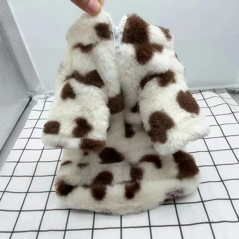 Pink plush warm coat for small dog on white background showing British style design