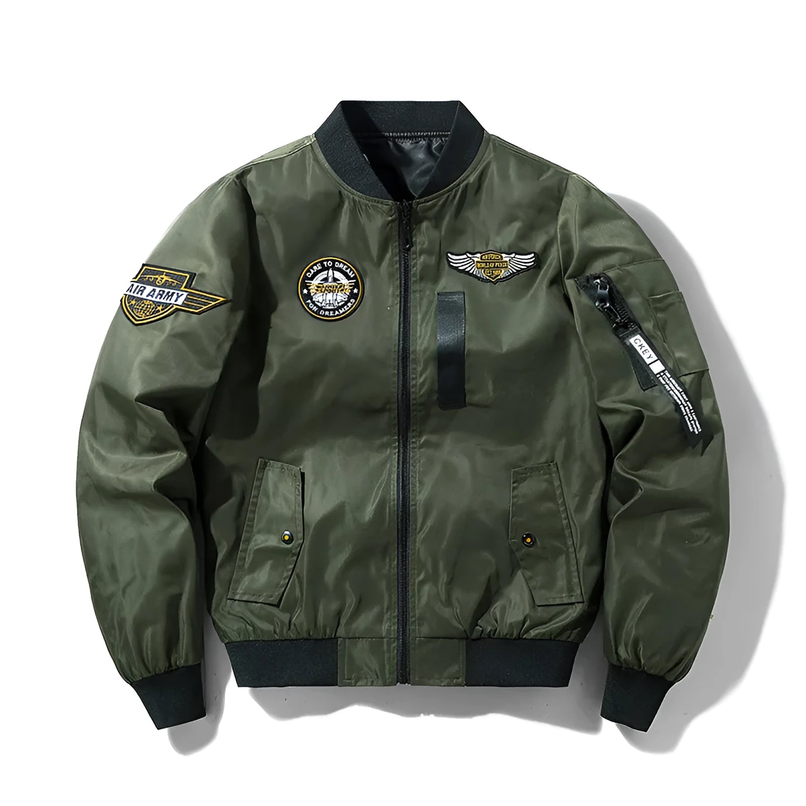 Men's flight suit pilot baseball jacket in army green with zipper pockets, front view