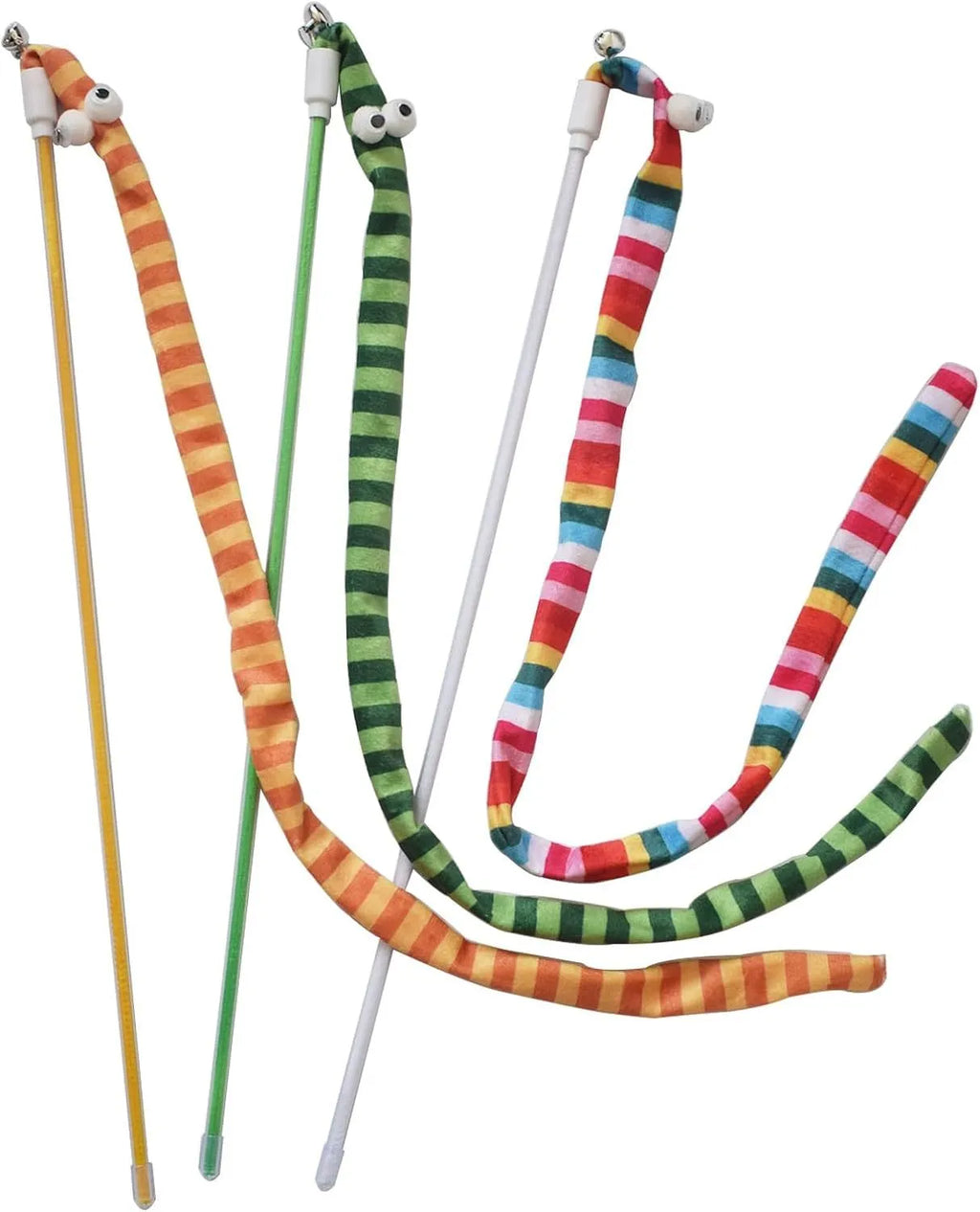 Cat wand toy with polycarbonate handle and long plush strip in vivid colours