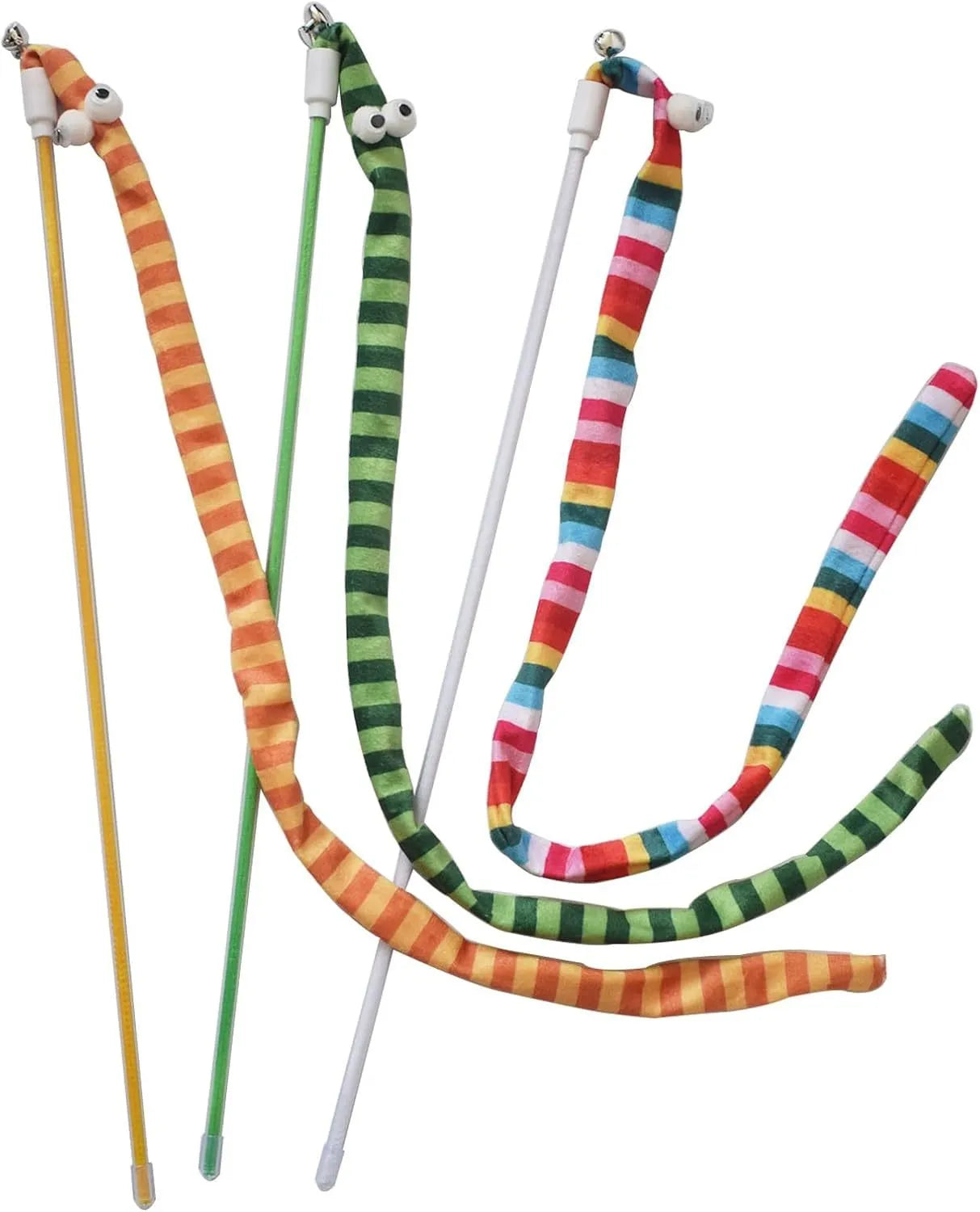 Cat wand toy with polycarbonate handle and long plush strip in vivid colours