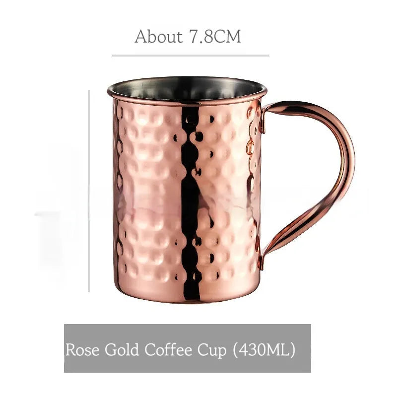 Stainless steel Moscow Mule cup with copper-plated finish in hammered and plain styles.