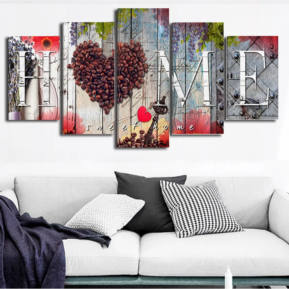 Set of five red-themed unframed canvas art prints from the Home Sweet Home decoration board collection.