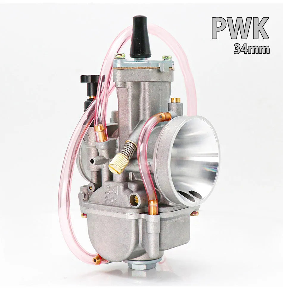 PWK sandblasted motorcycle carburetor for performance modification, showing seven size options from 21mm to 34mm.