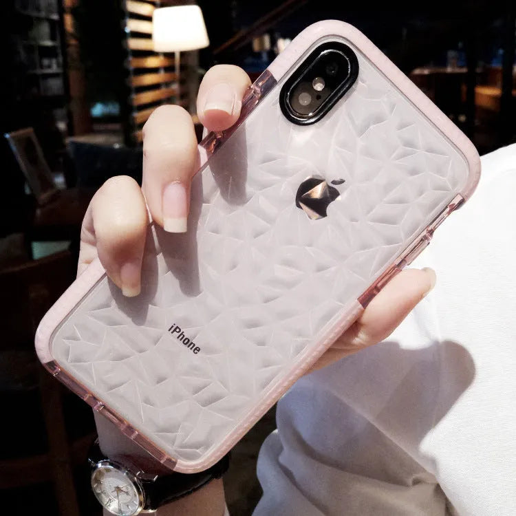 Striped TPU back cover iPhone case shown in black border, pink border, and white border colour options.