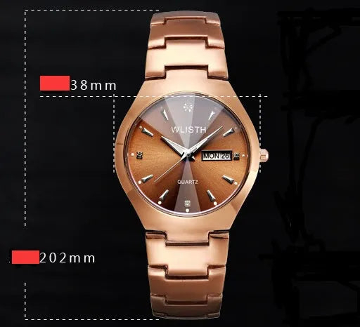 Coffee gold luminous couple watch with alloy strap and mineral glass dial displayed on light background