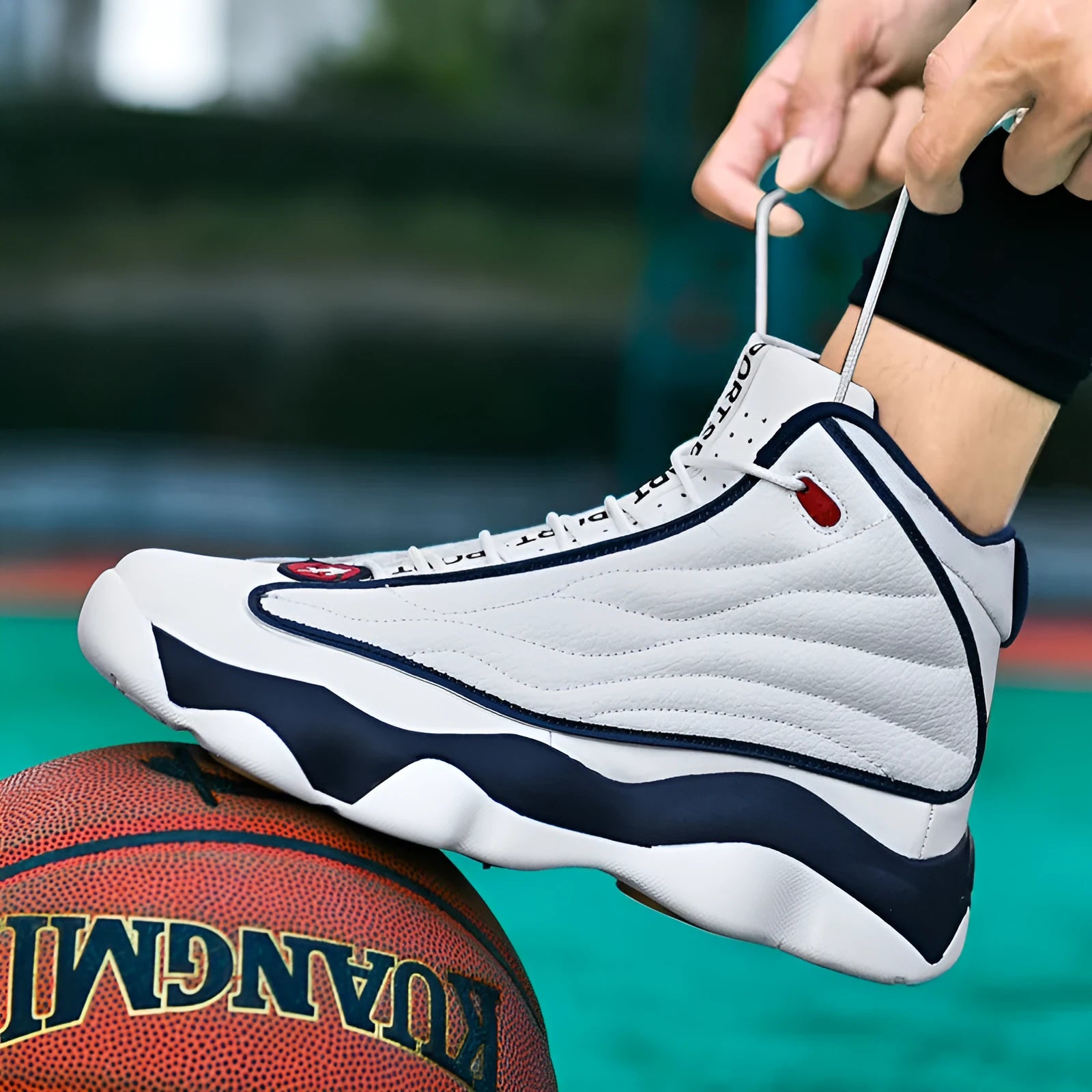 Men's high-top basketball shoes with mesh upper and thick rubber sole in AJ13 colour options.