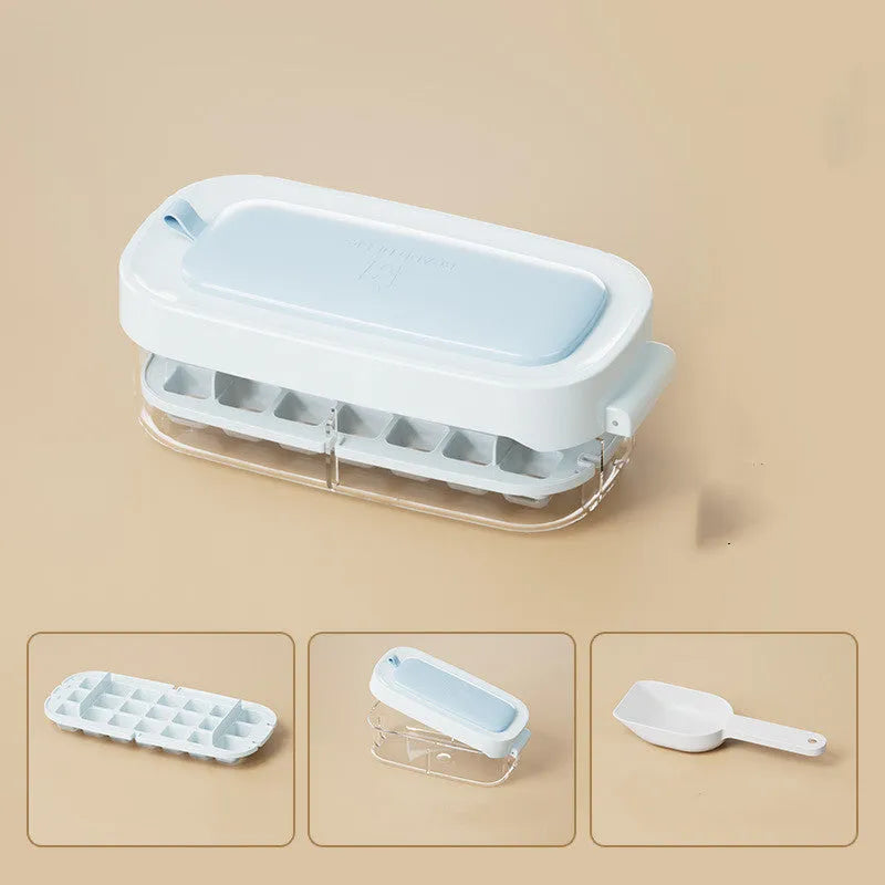 High-capacity plastic ice cube tray with grid pattern and ice shovel, shown in blue colour.