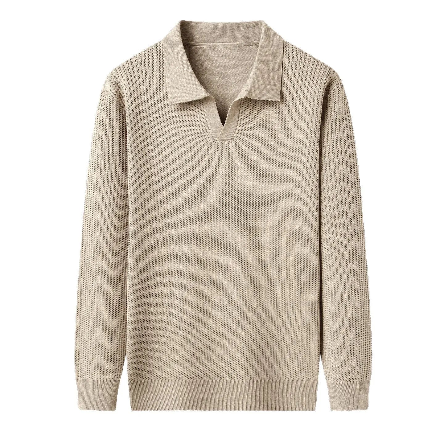 A man's loose-fitting casual pullover jumper in a neutral colour, shown on a model.
