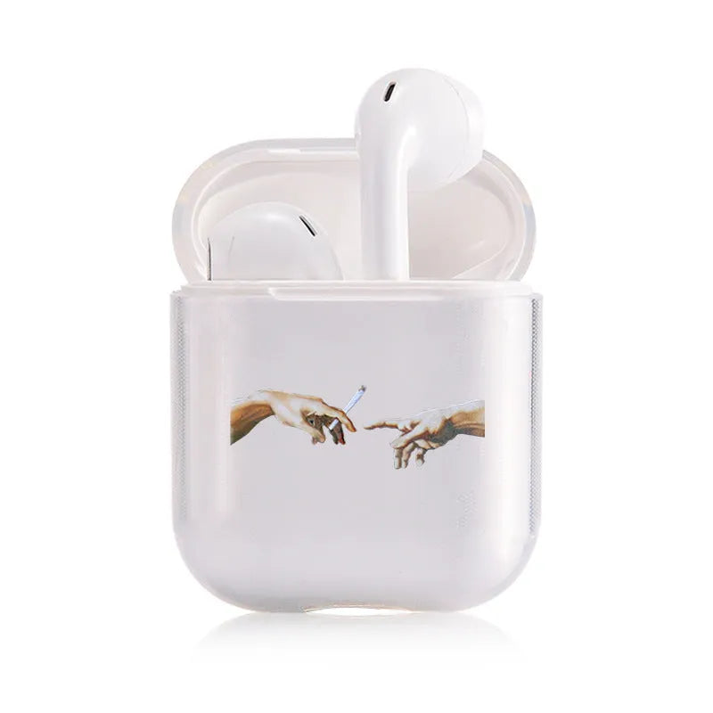 Transparent plastic protective cover for Apple AirPods charging case shown in colour style options.