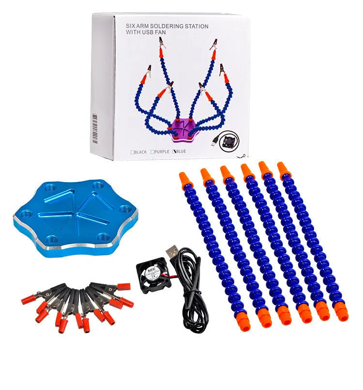 Black and purple aluminium alloy welding station with six claws and seven auxiliary arms for model repair