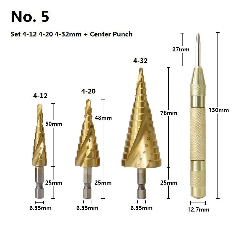 High-speed steel cone step drill bits and a centre punch set on a workshop bench