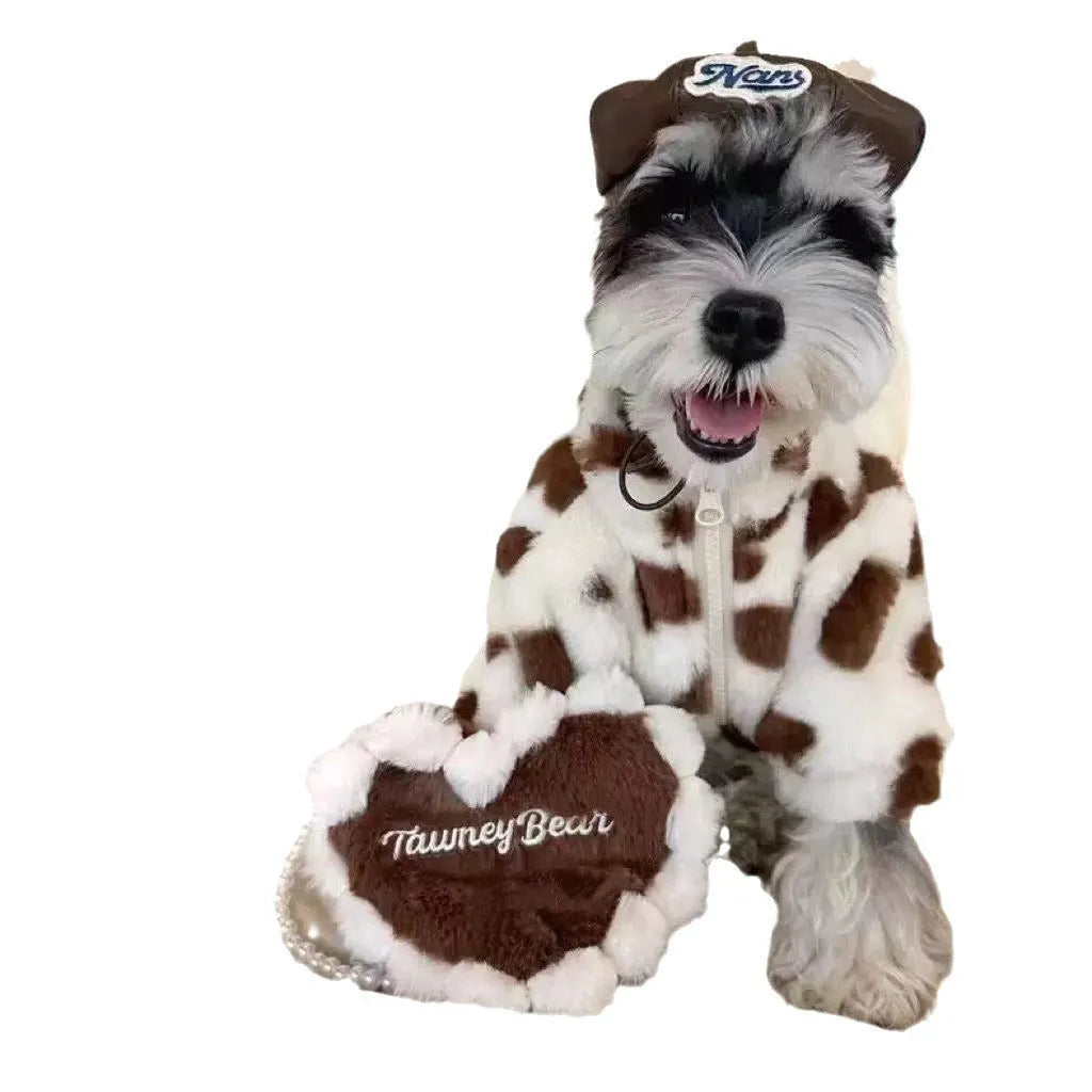 Pink plush warm coat for small dog on white background showing British style design
