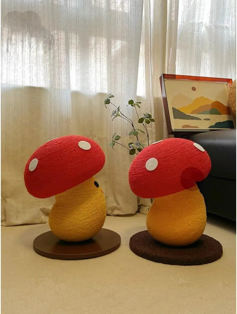 Foldable mushroom-shaped cardboard cat scratch board on a carpet next to a sofa.