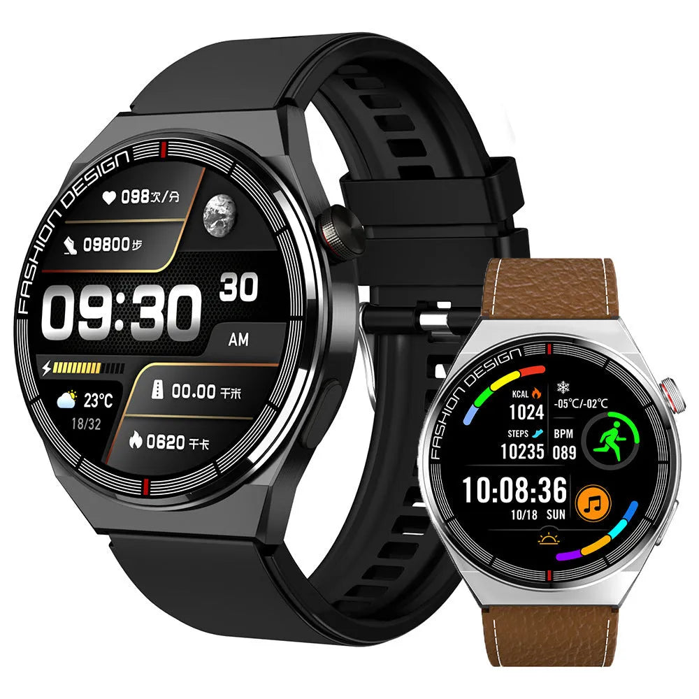 Smartwatch with black case and silicone strap showing Bluetooth calling and health monitoring features