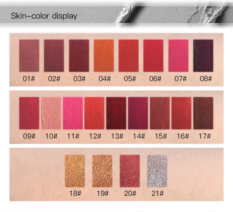 Matte long-lasting waterproof lip gloss tube with 8ml capacity and 17 colour options