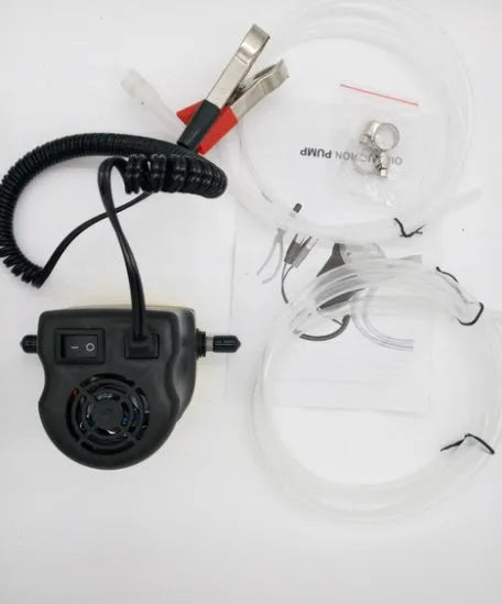 12V electric self-priming diesel oil pump in yellow engineering plastic with hoses and battery clips