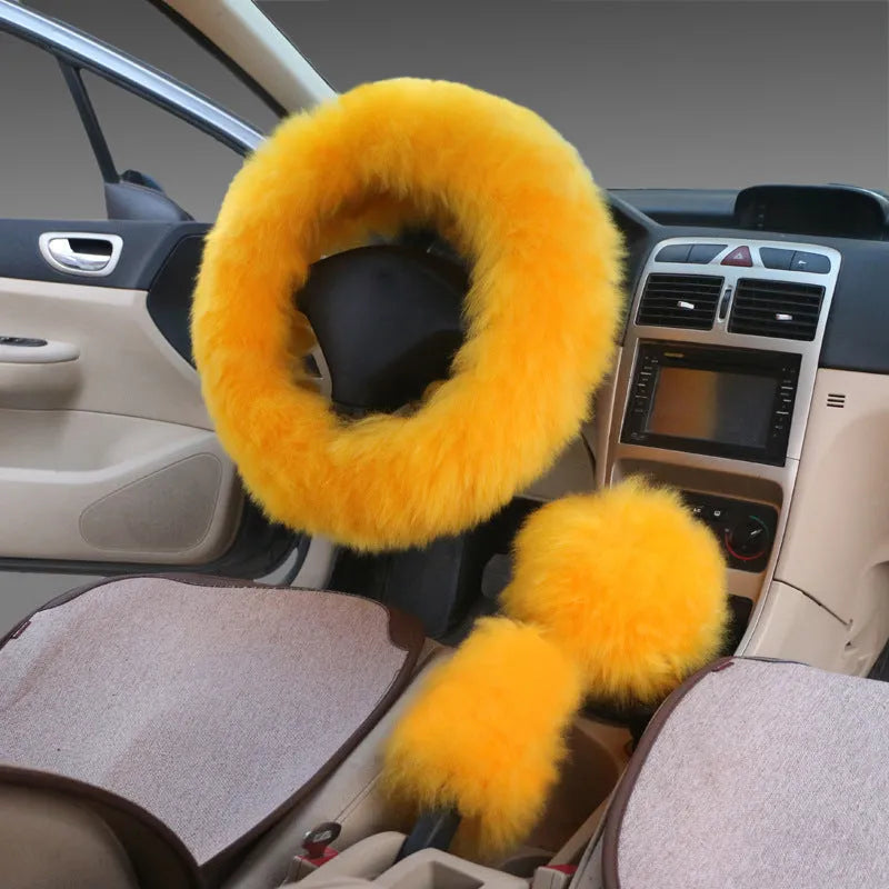Wool steering wheel cover and handle covers three-piece set in multiple colour options for 38cm diameter wheels
