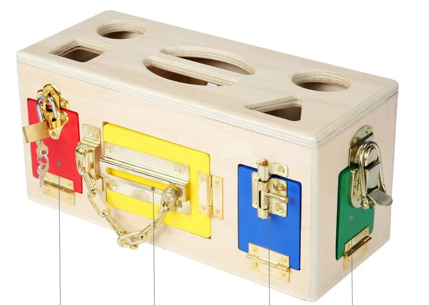 Wooden educational toy shape sorting lock box puzzle with geometric pieces for preschool children.