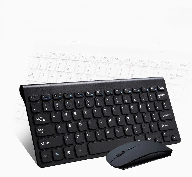 Black and white wireless keyboard and mouse set with 78 keys and 4 buttons