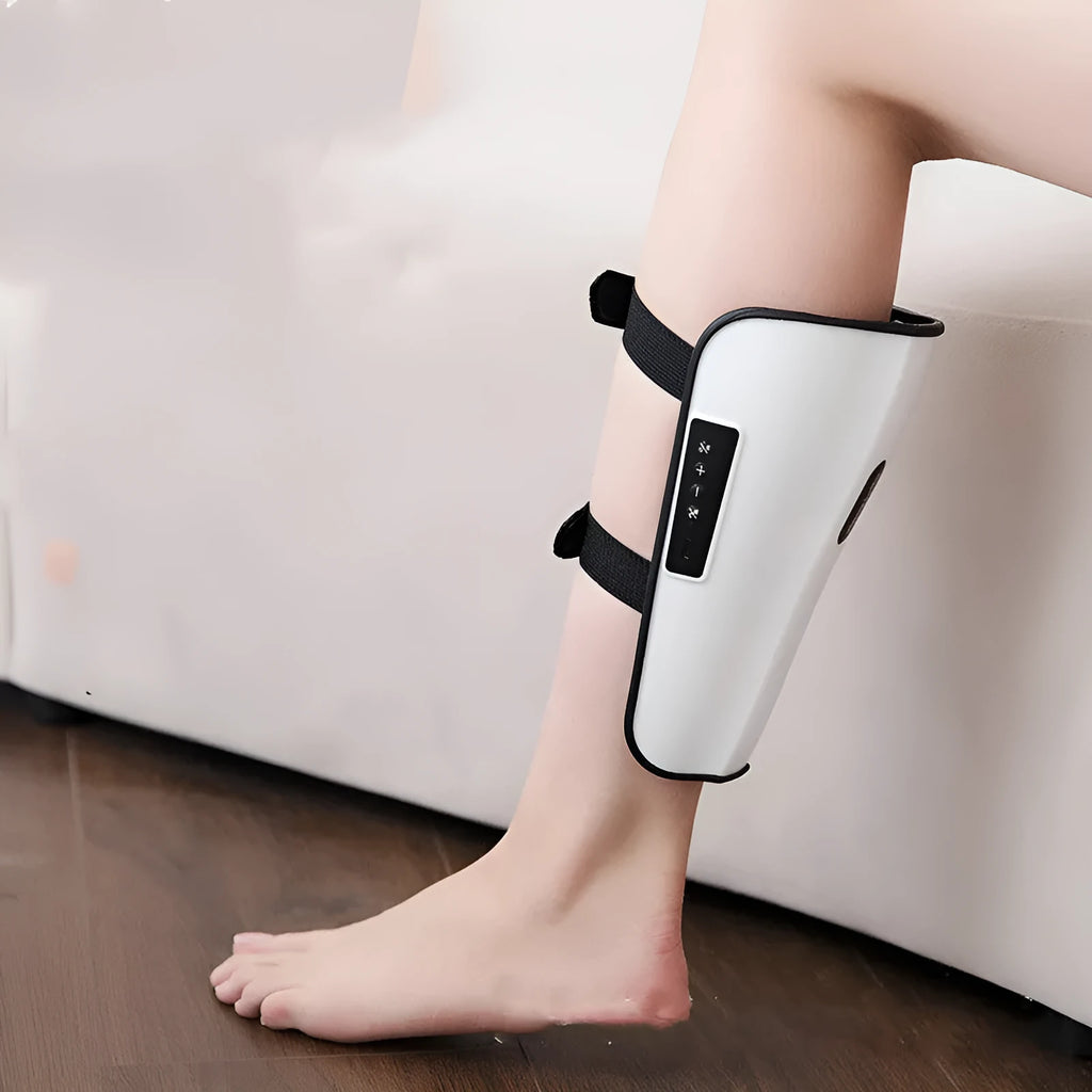 White plastic leg calf massager with electrotherapy pulse and infrared functions.