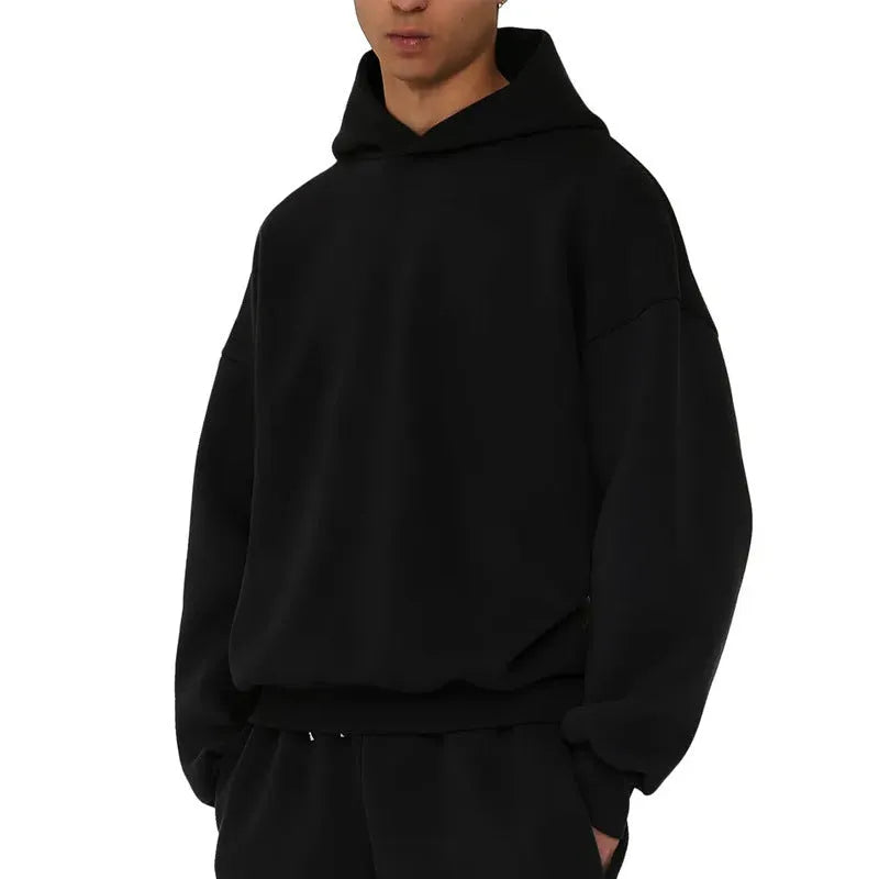 Men's solid colour fleece-lined hoodie sweater with wool lining, shown in black, blue, gray, and red.