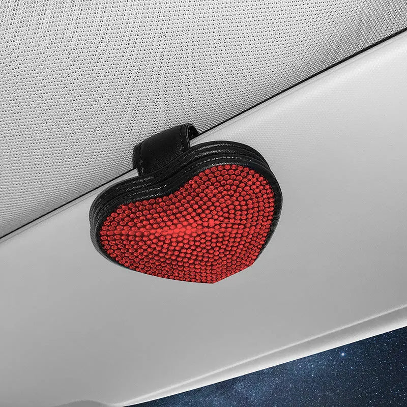 Diamond-encrusted PU leather car sun visor clip with magnetic closure for storing glasses and tickets.