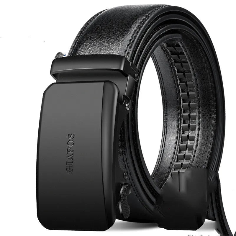 Men's leather belt with automatic buckle, cowhide body, 3.5cm width, black surface finish, size 115cm