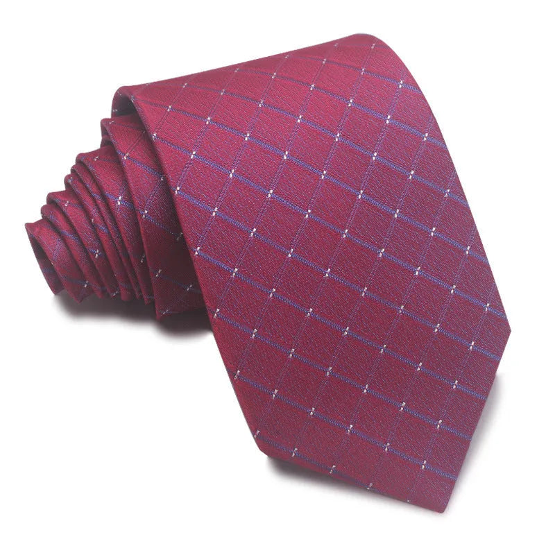 Man's red, black, and blue striped jacquard business tie with an 8cm width.