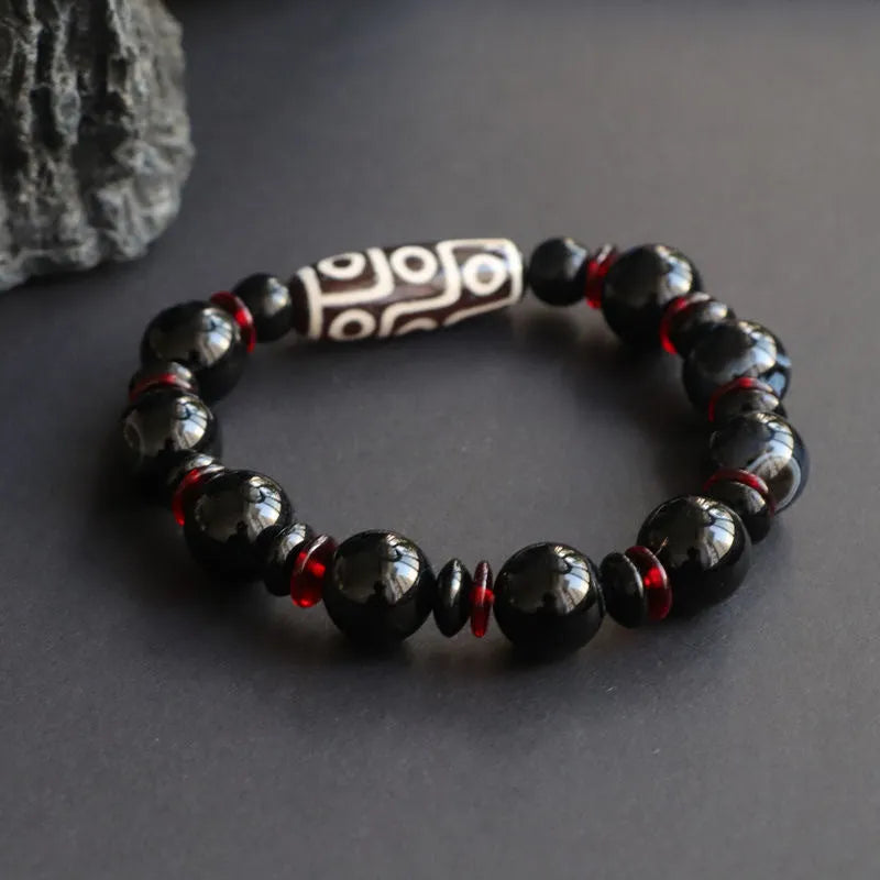 Hand-woven black agate Dzi bead bracelet with 11mm geometry-shaped chalcedony beads