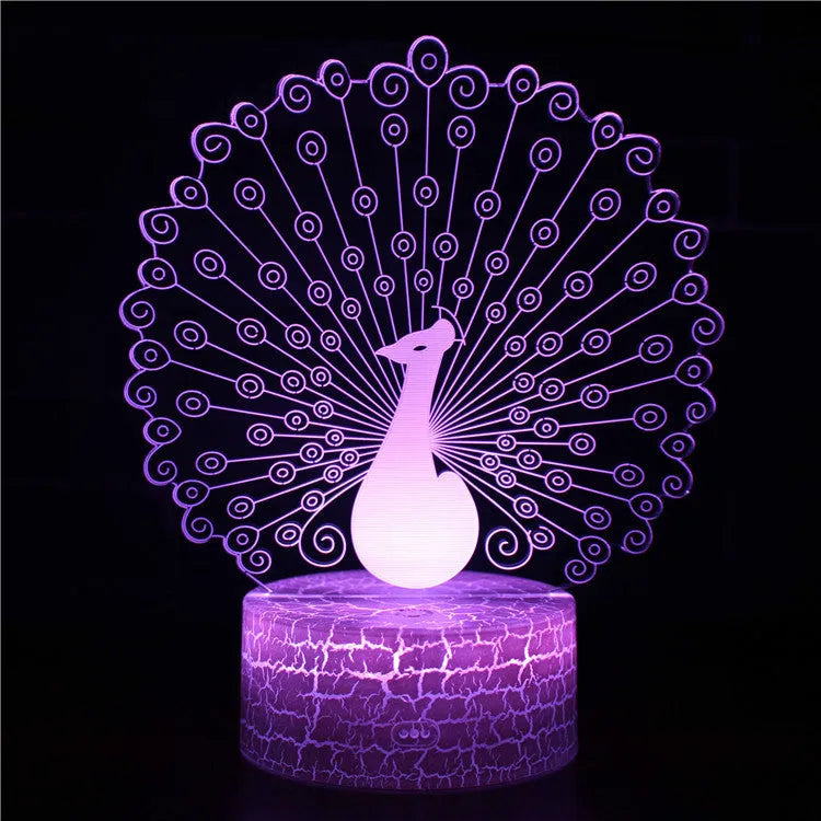 3D acrylic table lamp with colourful lighting on 9.5cm x 4cm base, showing touch controls and USB connection