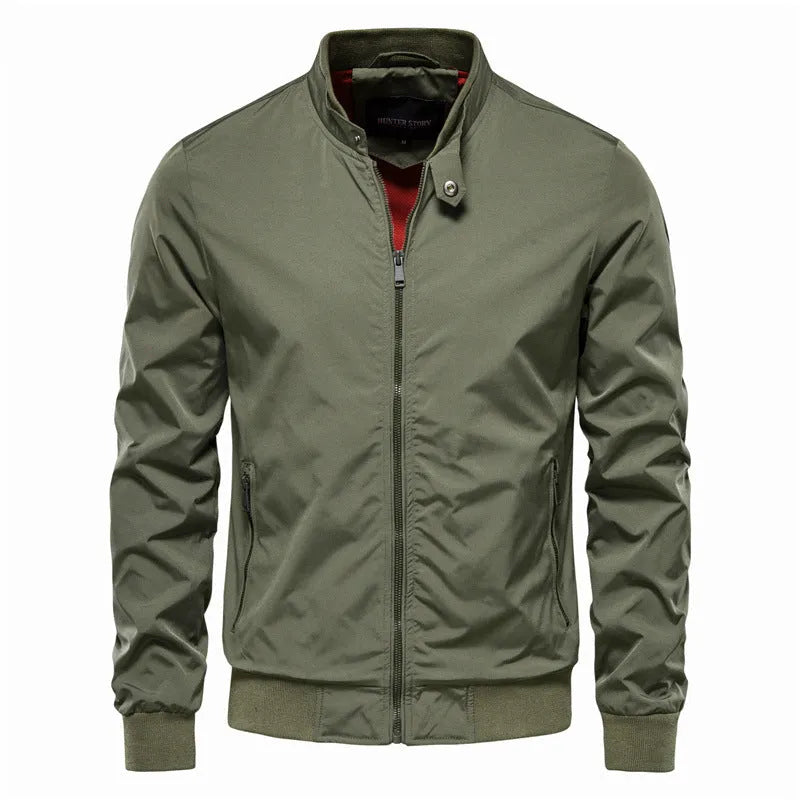 Men's solid colour casual thin jacket in polyester, shown in army green, hanging on a hanger.