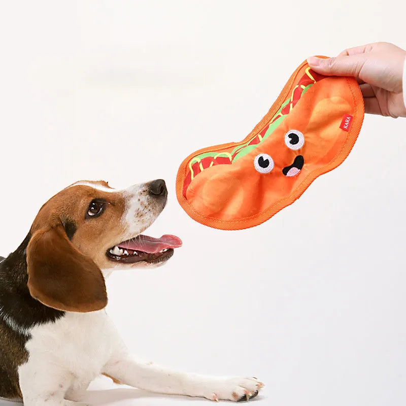 Crinkle and squeak dog toy in hamburger shape for interactive chew play