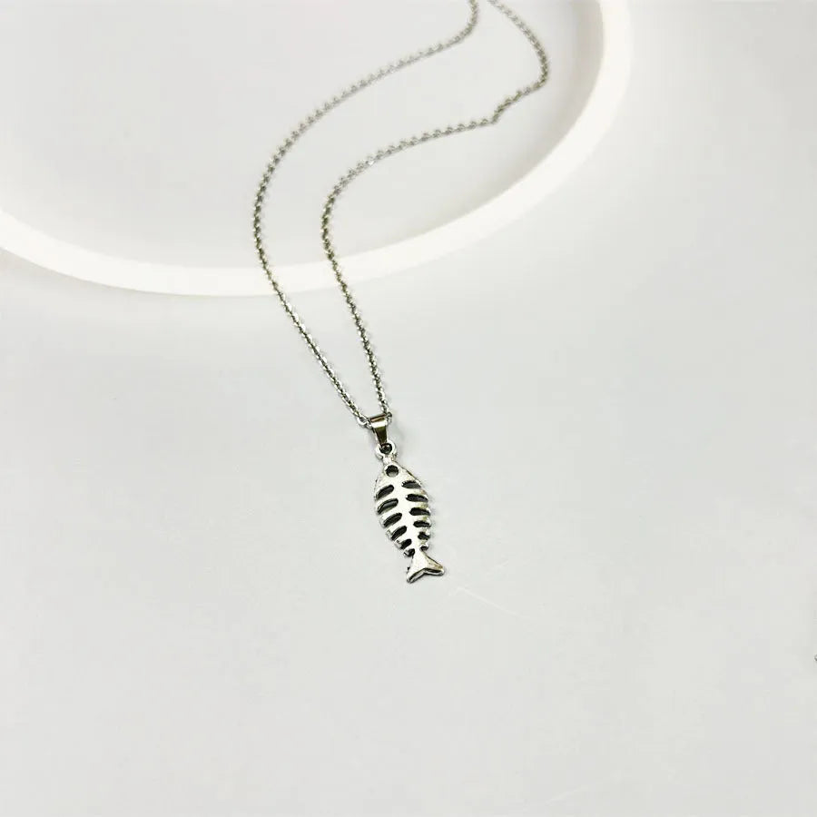 Fishbone pendant necklace and matching earrings set with retro style design and adjustable chain