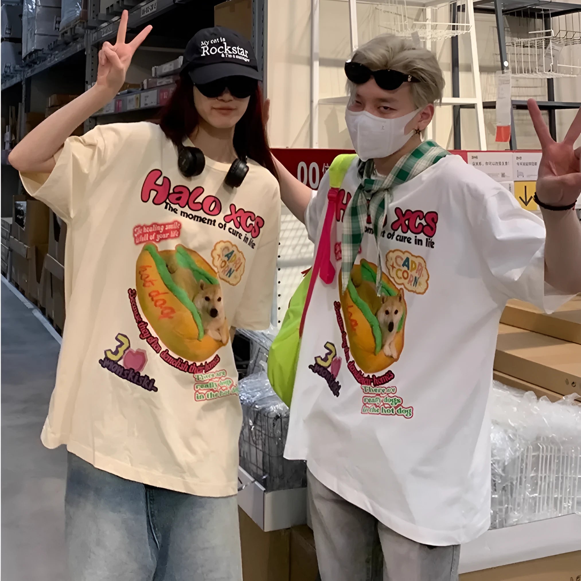 Cartoon hamburger dog printed loose fit cotton T-shirt in white, apricot, or sky blue colour.