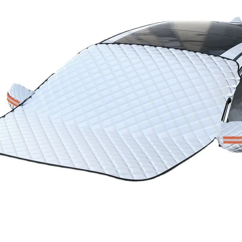Large silver aluminium foil car windscreen cover for SUVs with five black magnets and reflective strips.