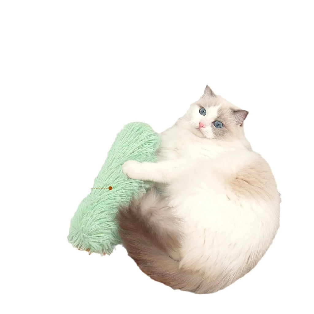 Blue plush cat chew toy pillow measuring 27cm long on a white background.