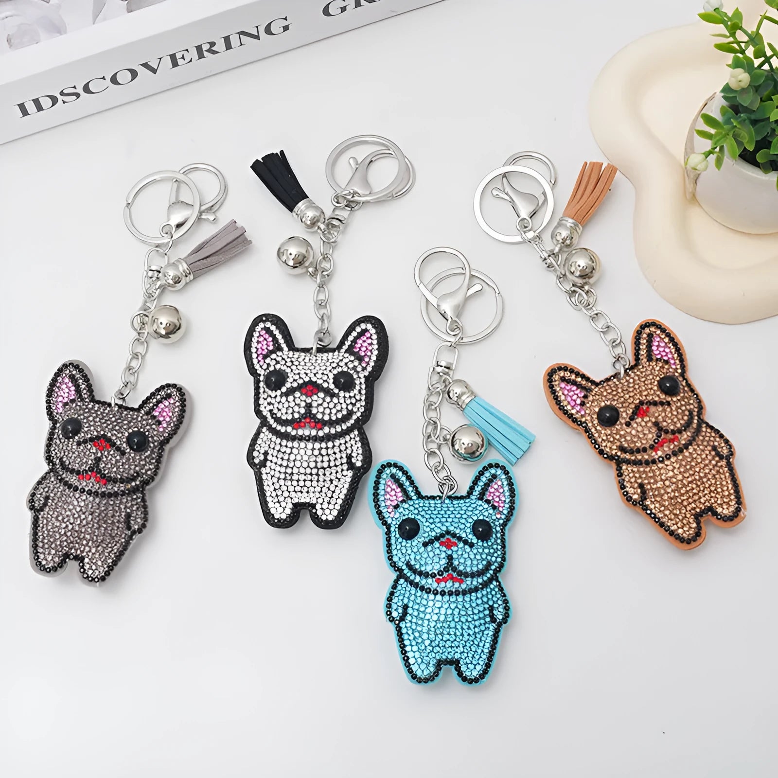 French dog rhinestone keychain with cartoon animal design, electroplated alloy construction, 5-7cm size