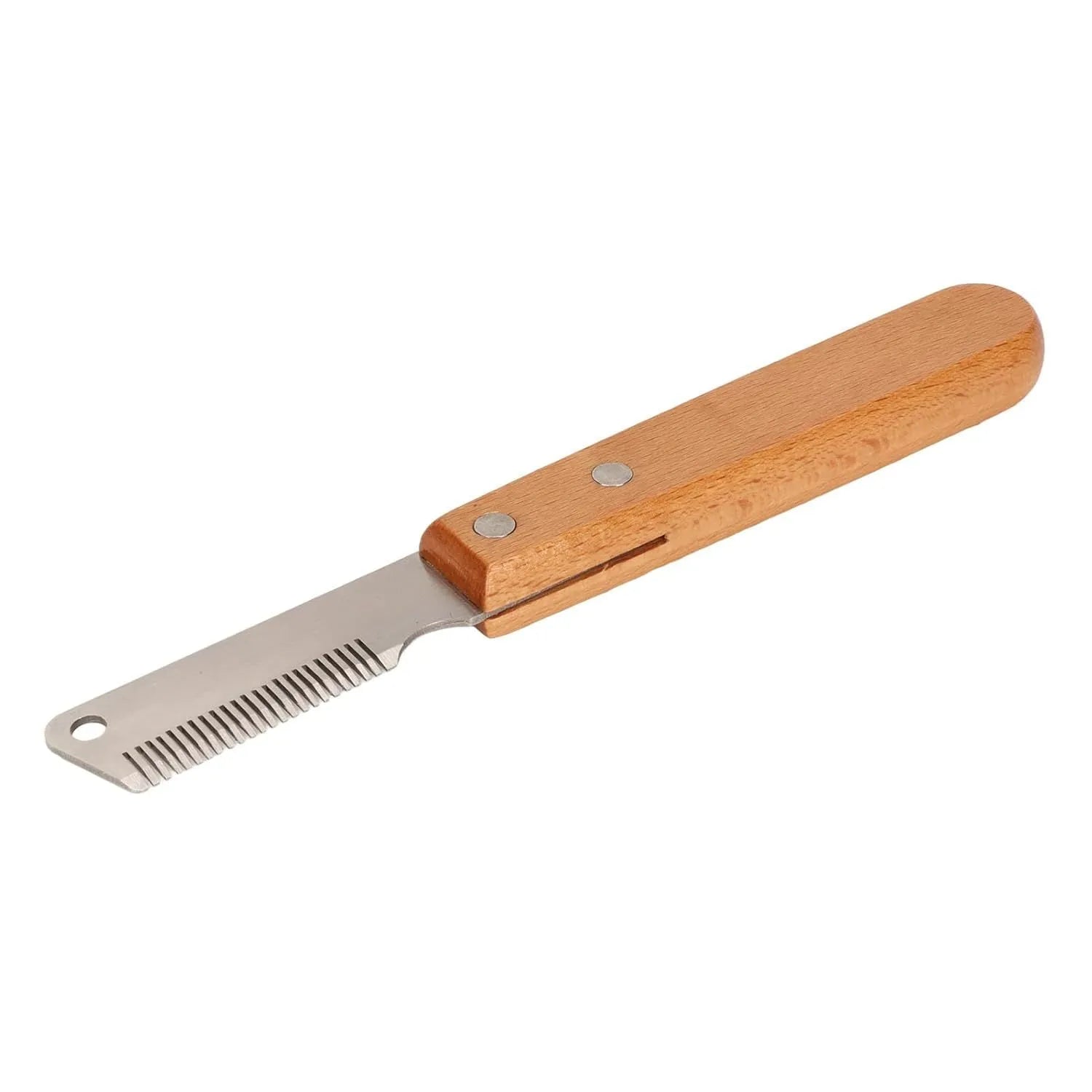 Pet stripping comb with wood handle showing long and short size options for dog and cat grooming