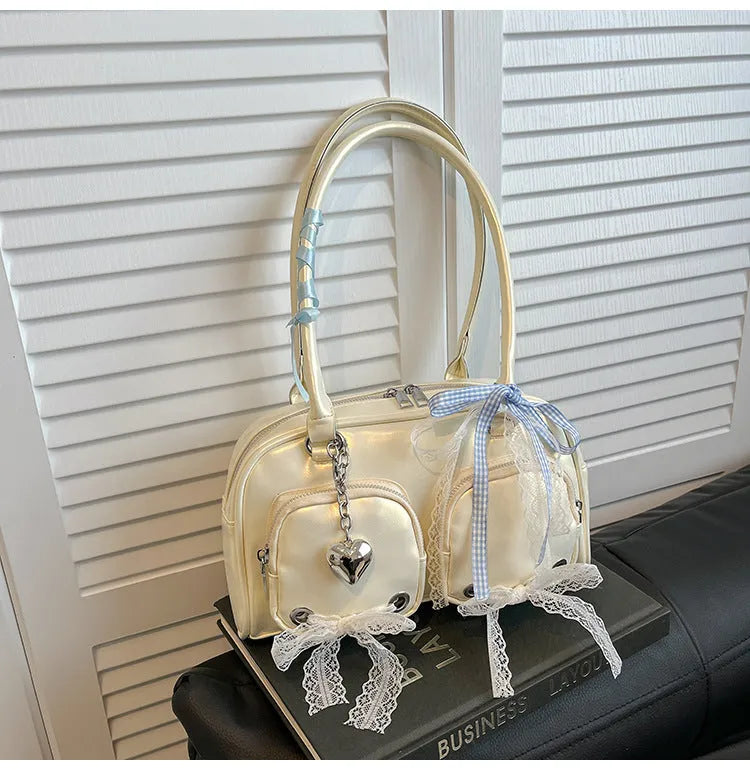 Beige soft PU casual shoulder bag with double straps and horizontal square shape showing mobile phone compartment