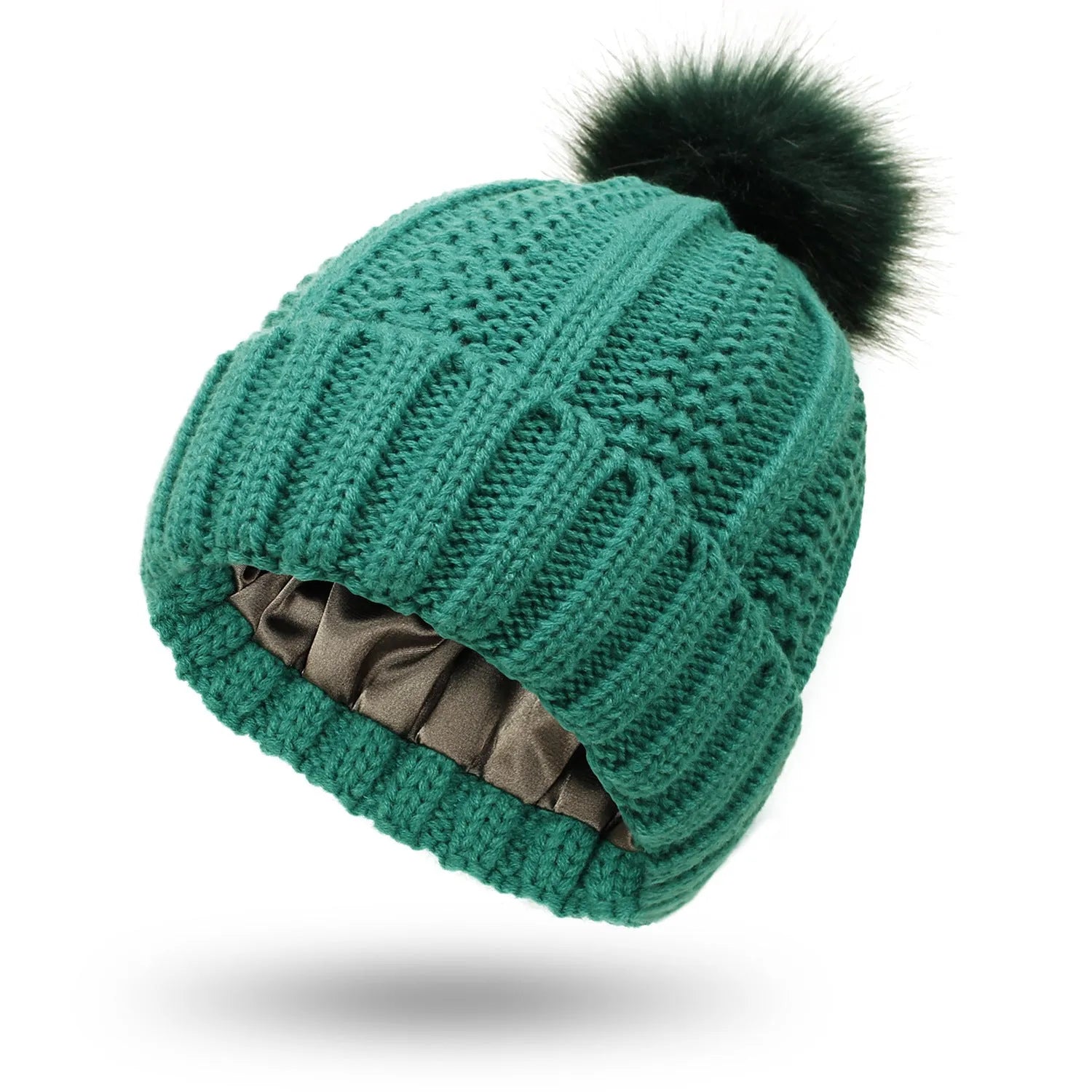 Women's satin lined wool beanie with faux fur pom pom in classic winter colours