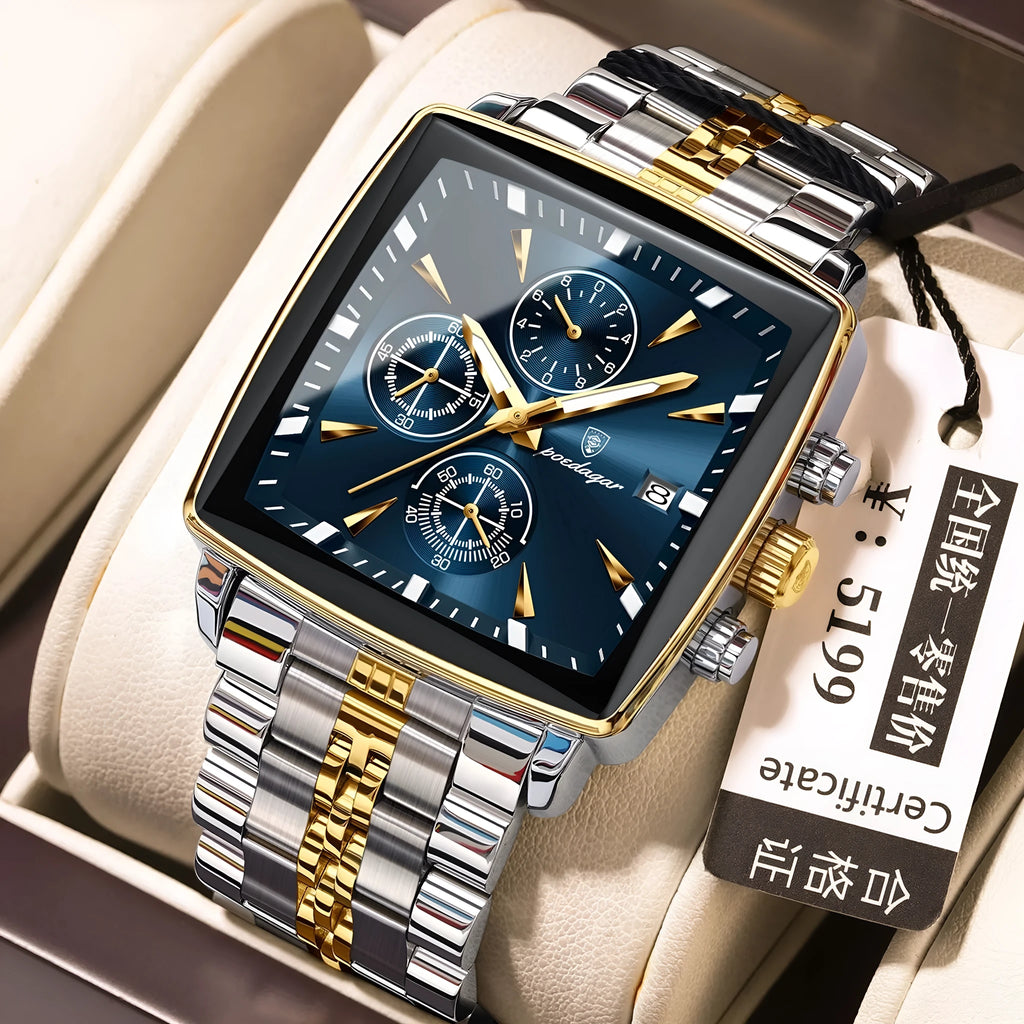 Square men's business watch with stainless steel strap and multiple colour configuration options